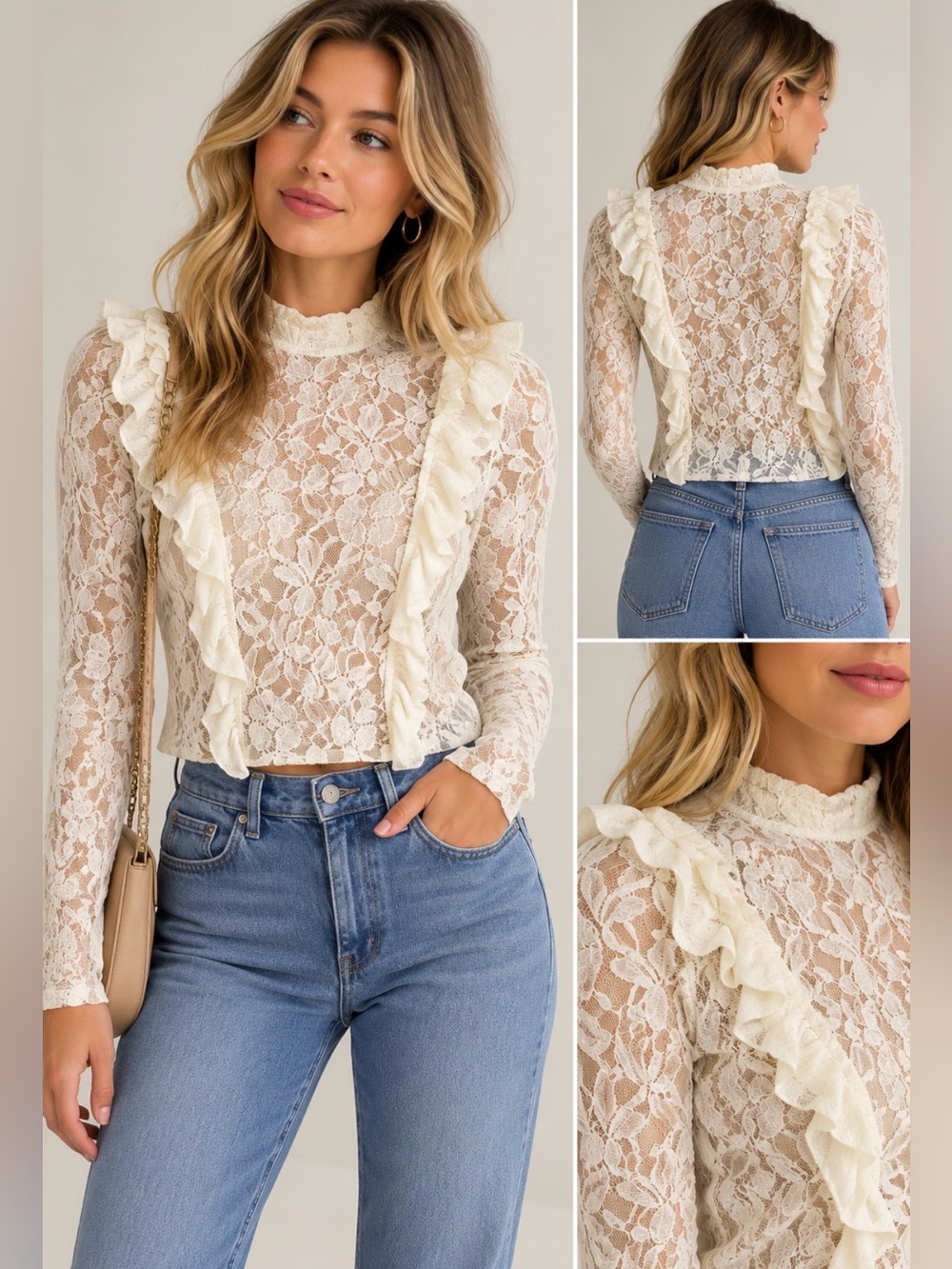 NWT Forever 21 Ivory Sheer Floral Lace Ruffle High Neck Blouse Top S